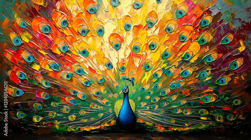 Vibrant peacock painting, colorful plumage displayed, impasto style. photo