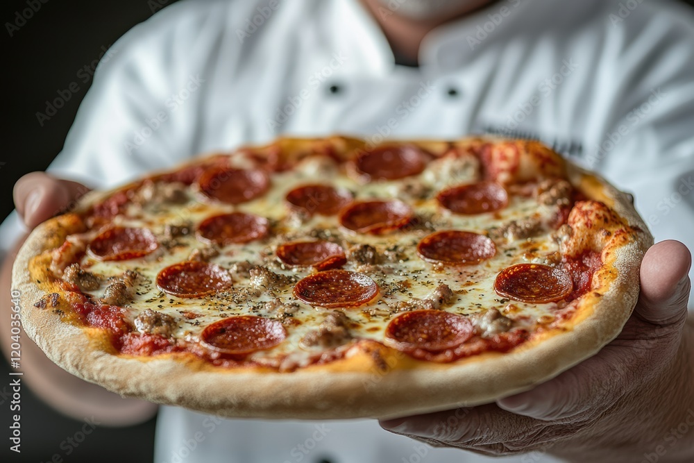 Italian chef in a white uniform holds a pepperoni pizza in his hands Italian chef in a white uniform holds a pepperoni pizza in his hands
