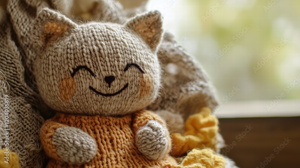 Fototapeta premium Handmade knitted cat doll with joyful expression placed near a window with soft light during a cozy afternoon. Generative AI