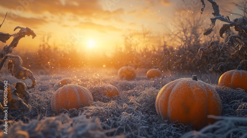 Frosty pumpkins sunrise field autumn harvest