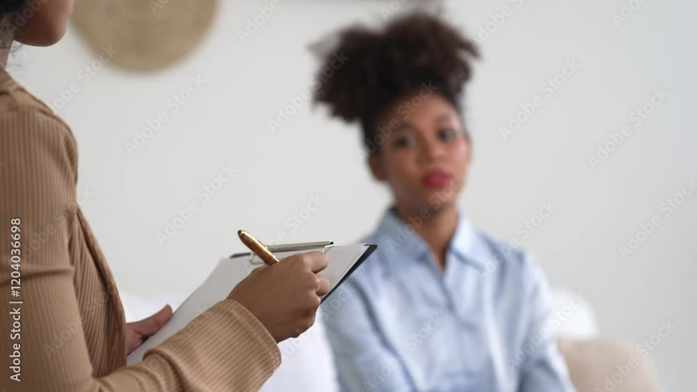 Happy patient and psychologist exchanging mental health conversation in clinic with positive emotion while explaining crucial successful work and life to psychologist in home office Happy patient and psychologist exchanging mental health conversation in clinic with positive emotion while explaining crucial successful work and life to psychologist in home office
