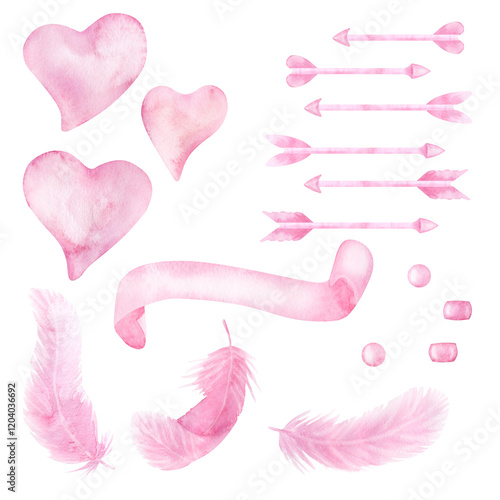 Delicate pink watercolor hearts, arrows, feathers, ribbon, bead set. For girly baby decor, Valentine's Day, wedding. Concept soft love. Hand drawn illustration on white background.