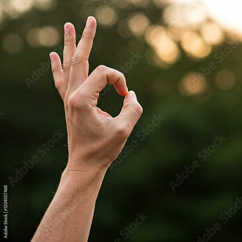 A hand's fingers form the okay sign, a common gesture of success and positive communication photo