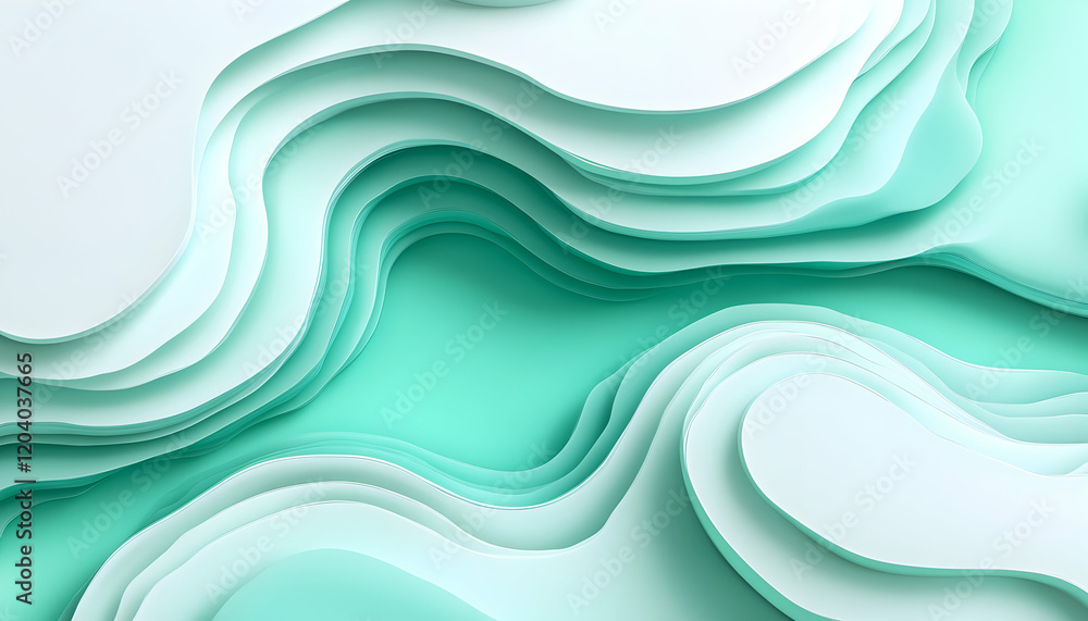 Fototapeta premium Abstract teal and white layered paper design; calming, wavy organic shapes; modern minimalist background.