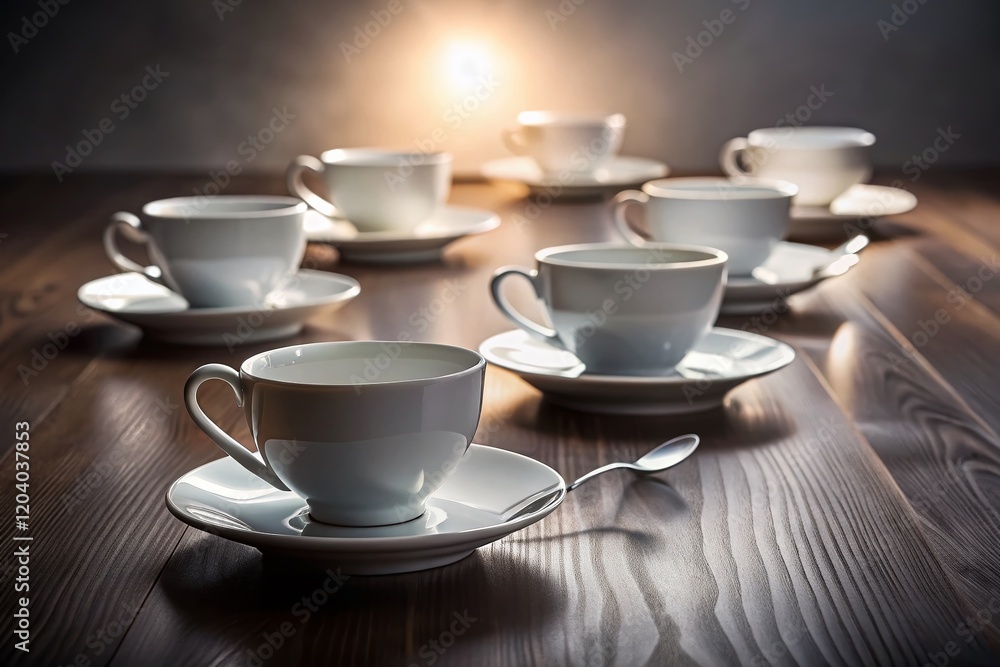 Surreal Elegant White Tea Cups & Saucers on Table Setting - Fine Dining Aesthetic Stock Photo Surreal Elegant White Tea Cups & Saucers on Table Setting - Fine Dining Aesthetic Stock Photo