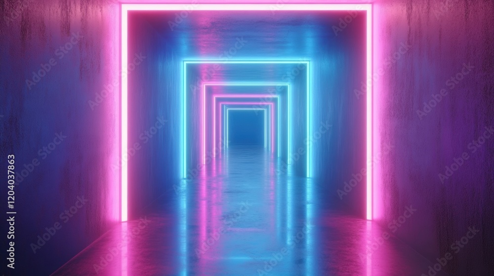 Neon Light Tunnel with Vibrant Colors in Futuristic Space Neon Light Tunnel with Vibrant Colors in Futuristic Space