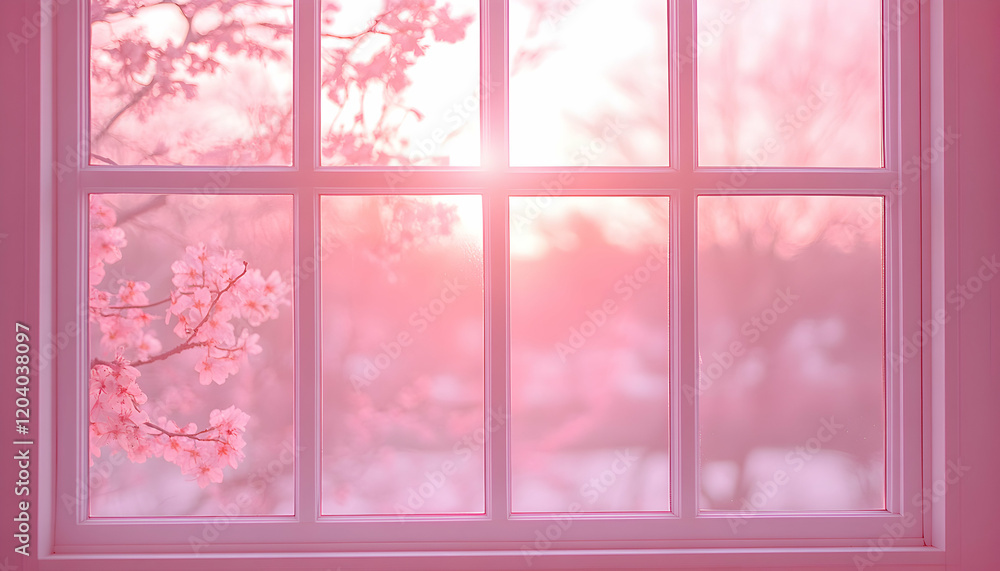 Fototapeta premium Serene pink sunrise view through a windowpane, showcasing delicate cherry blossoms in soft focus.