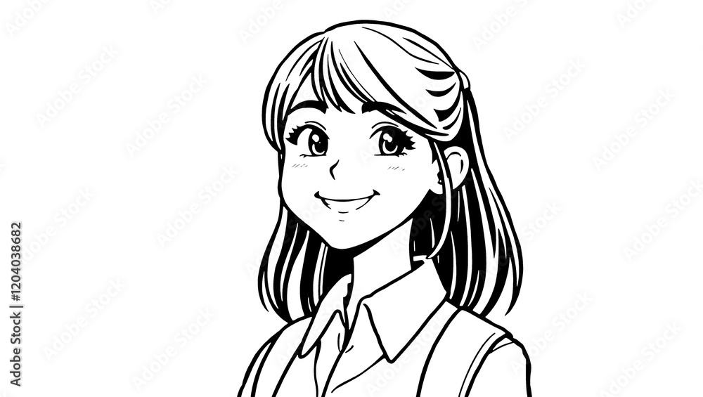 Minimalistic Black and White Line Art of a School Girl PNG Minimalistic Black and White Line Art of a School Girl PNG