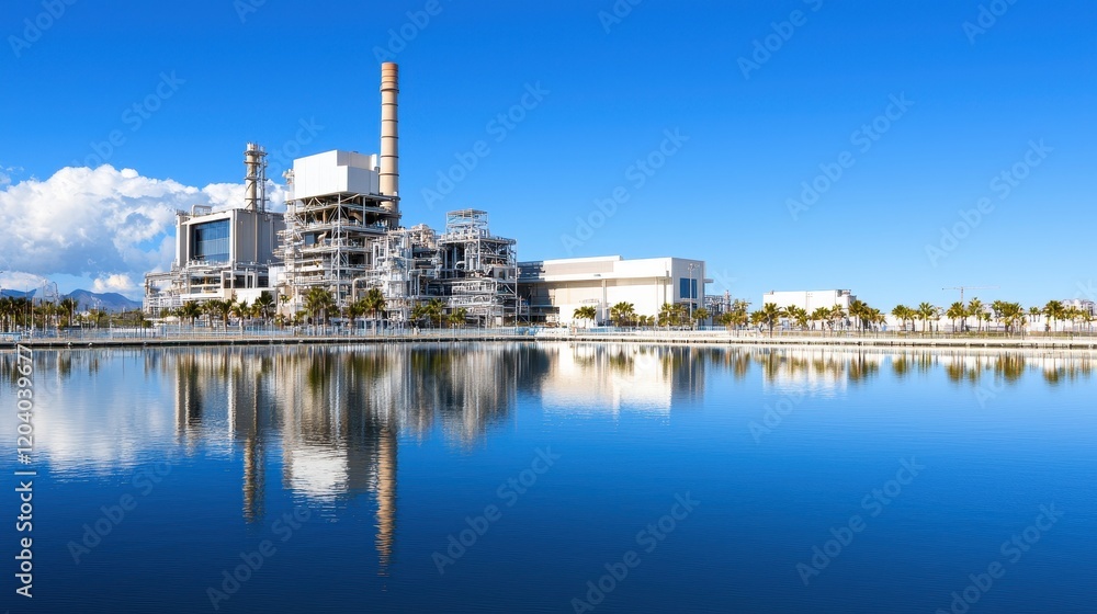 Modern industrial facility with reflective water surface under clear blue sky and distant mountains