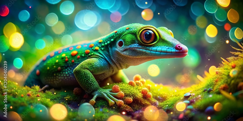 Surreal Gecko: Dreamlike Close-up of a Vibrant Green Lizard in a Fantastical Landscape Surreal Gecko: Dreamlike Close-up of a Vibrant Green Lizard in a Fantastical Landscape