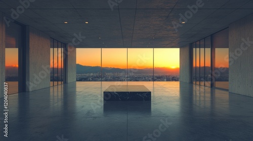 Modern Minimalist Interior with Sunset View from Large Windows