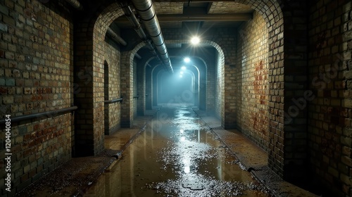 Mysterious Brick Tunnel with Water on the Floor and Pipes Overhead