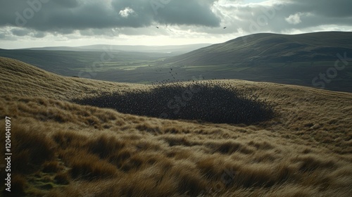 Vast landscape with a large flock of birds gathering on a hilltop. photo