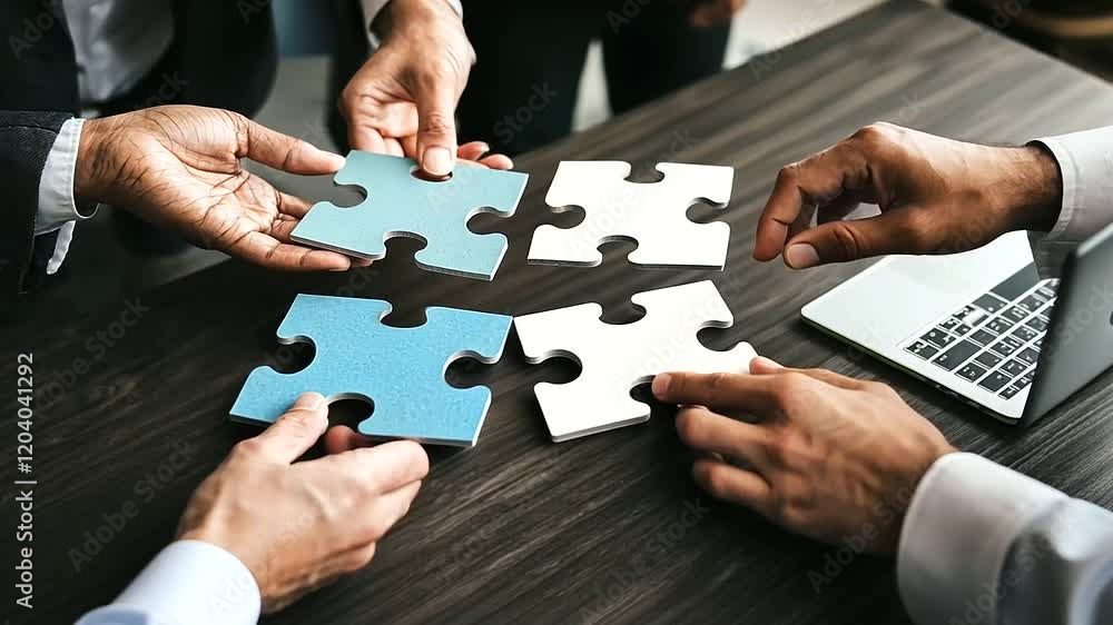 Teamwork and Collaboration with Puzzle Pieces on Office Table Teamwork and Collaboration with Puzzle Pieces on Office Table