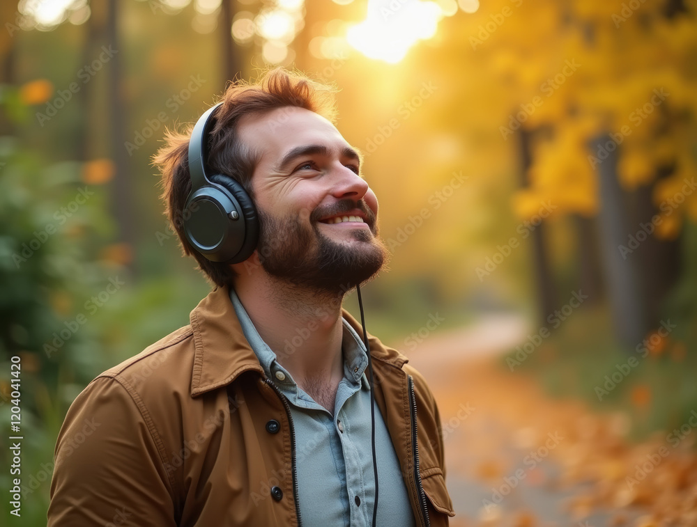 A man wearing headphones enjoying music outdoors A man wearing headphones enjoying music outdoors