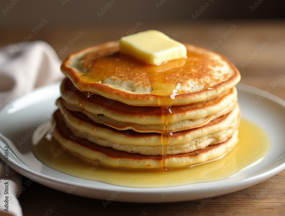 A stack of golden-brown pancakes topped with melting butter A stack of golden-brown pancakes topped with melting butter