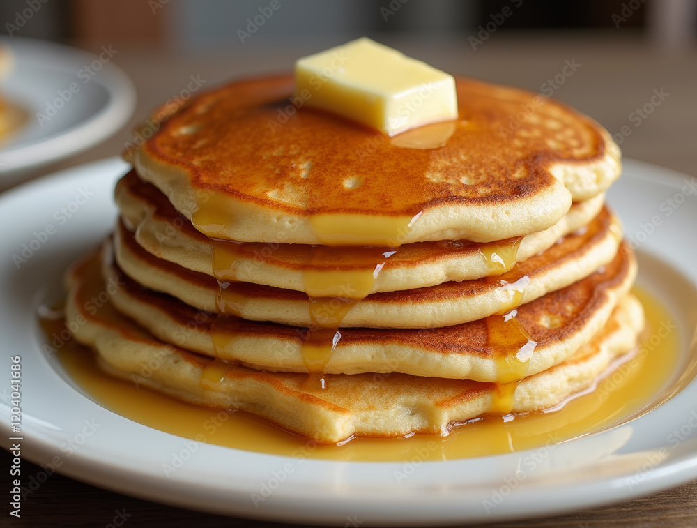 A stack of golden-brown pancakes topped with melting butter A stack of golden-brown pancakes topped with melting butter