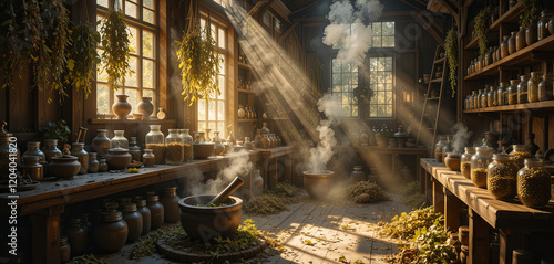 Sunlight streams through large windows in a herbal workshop  highlighting jars filled with herbs and spices. Mortars and pestles rest on wooden tables amidst a collection of plants