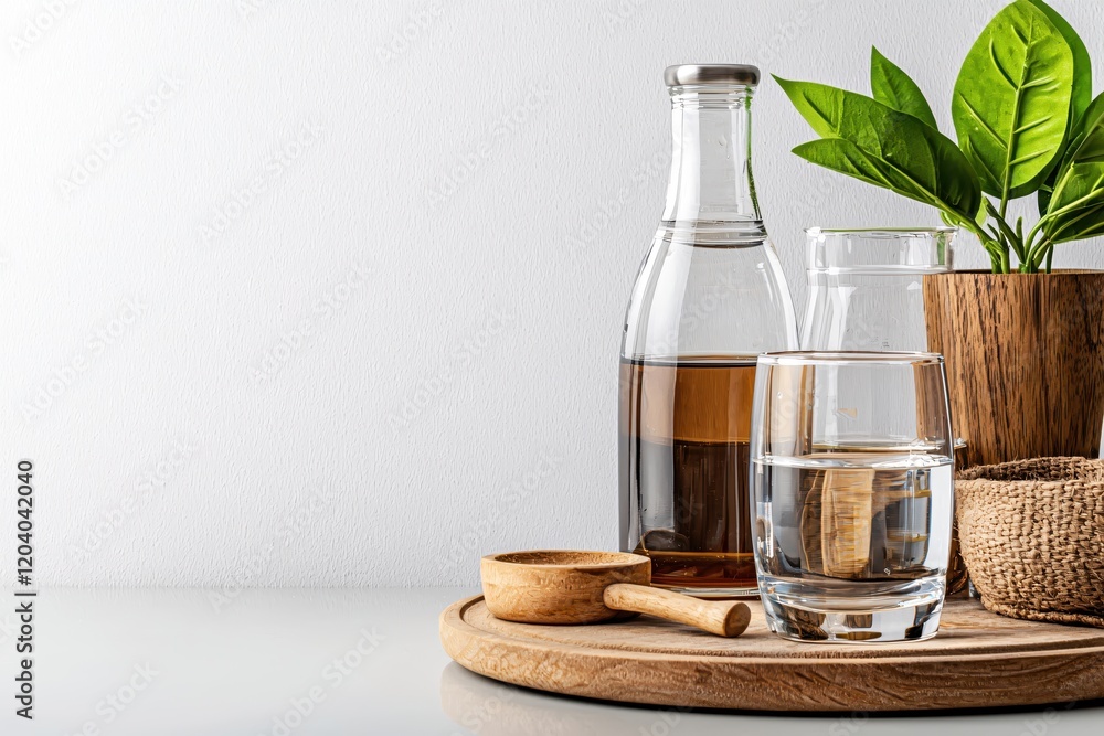 Tranquil Spa Setting with Glassware Water Plant and Wood Tranquil Spa Setting with Glassware Water Plant and Wood
