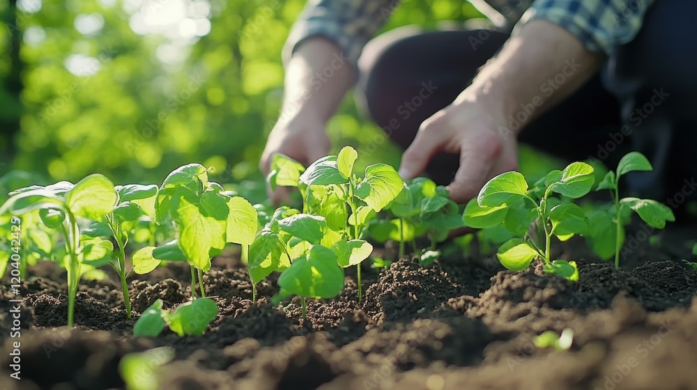 Hands Caring for Young Green Plants in Soil on Sunny Day Hands Caring for Young Green Plants in Soil on Sunny Day