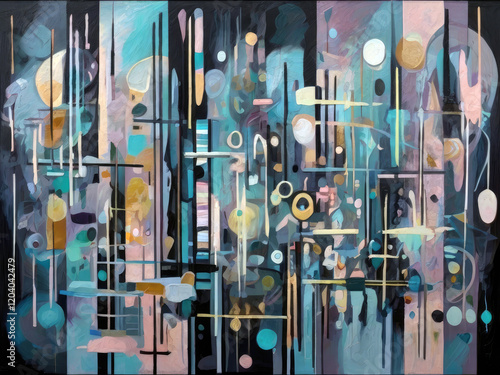 Pastel shades abstract artwork painting of long thin geometric rectangles crossing at right-angles	