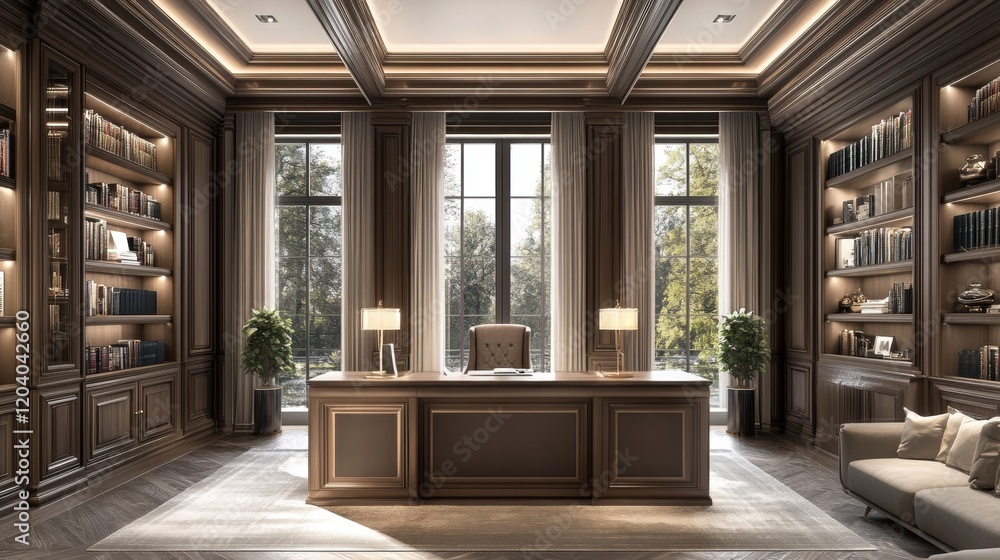 Elegant Modern Office Interior with Natural Light and Bookshelves Elegant Modern Office Interior with Natural Light and Bookshelves