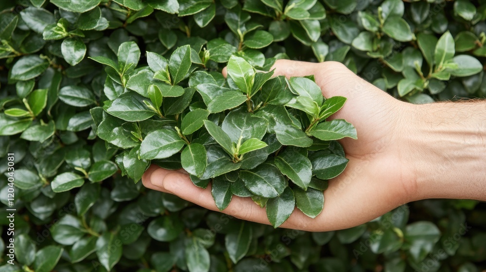 Hand Holding Fresh Green Leaves Against a Vibrant Leafy Background Hand Holding Fresh Green Leaves Against a Vibrant Leafy Background