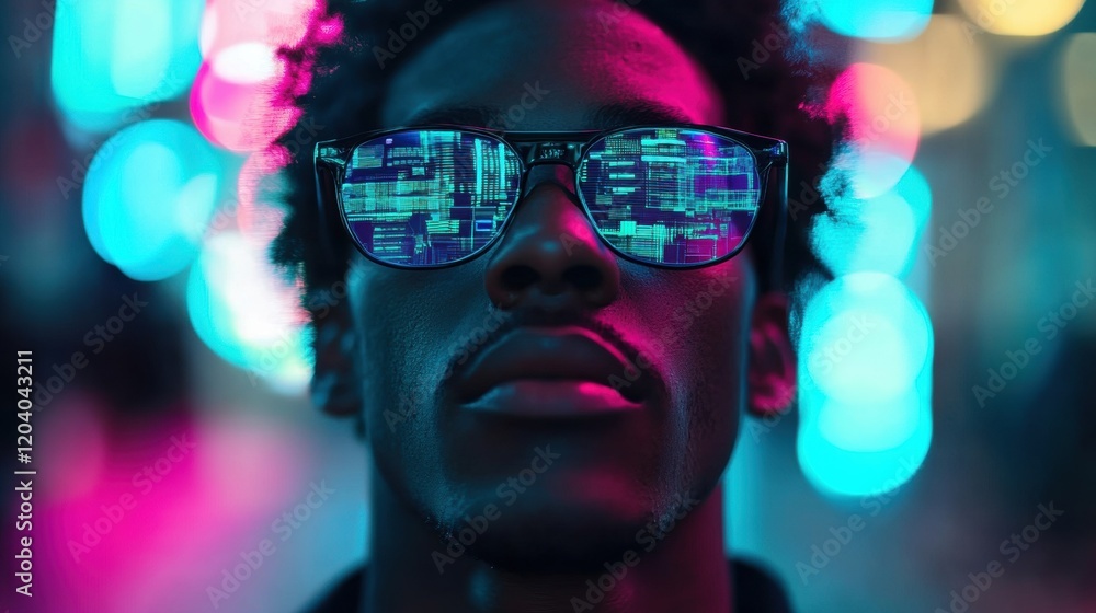 Man in Sunglasses with Neon Reflections in Urban Environment Man in Sunglasses with Neon Reflections in Urban Environment