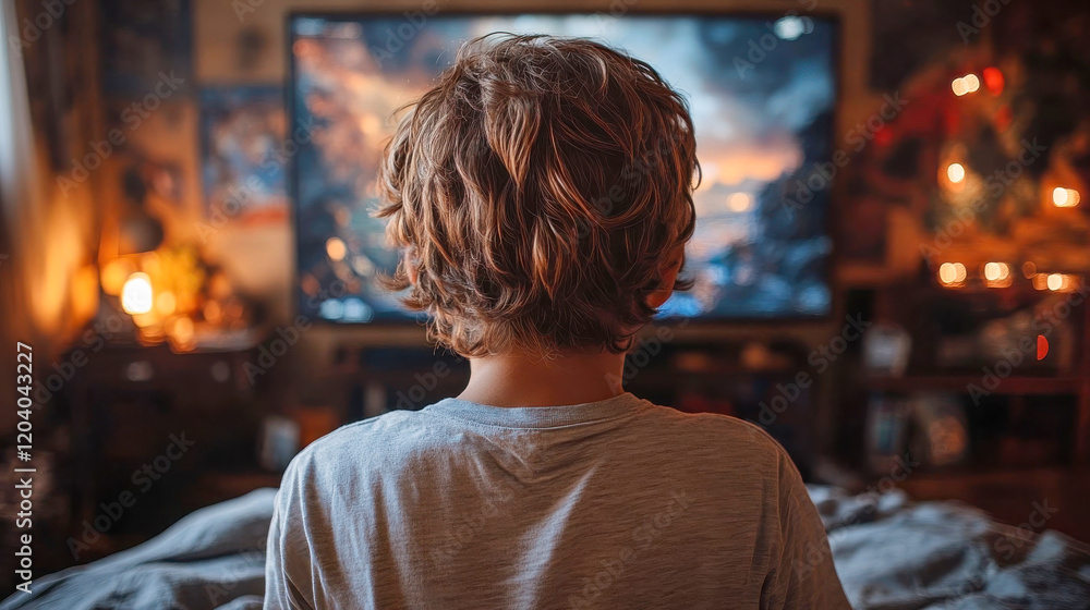 Fototapeta premium A boy viewed from behind, engrossed in a video game, surrounded by glowing screens and posters in a nostalgic bedroom