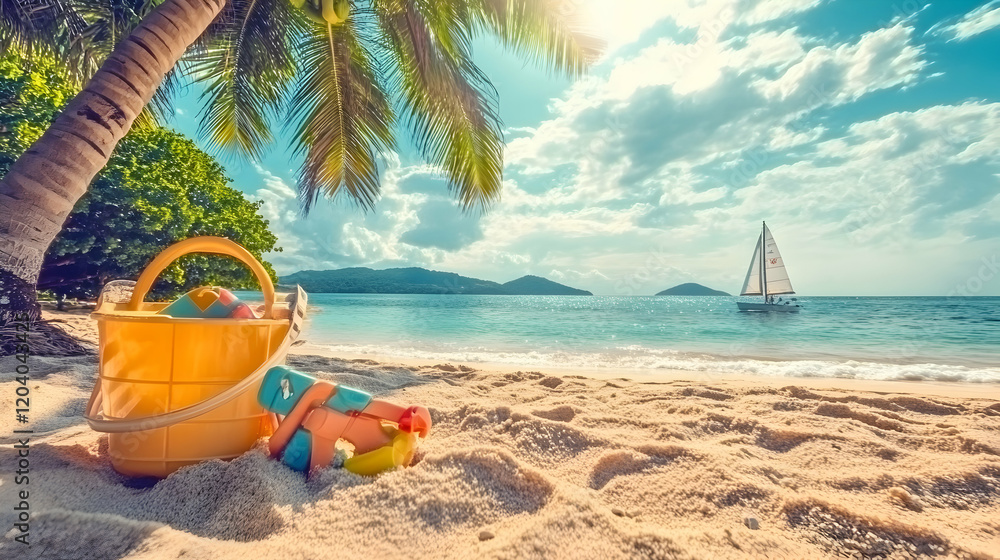 Idyllic tropical beach scene; yellow bucket, beach toys, sailboat on calm ocean, palm tree shade, summer vacation paradise. Idyllic tropical beach scene; yellow bucket, beach toys, sailboat on calm ocean, palm tree shade, summer vacation paradise.