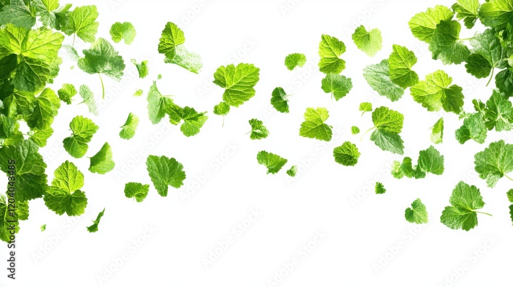 Fresh Green Leaves Falling on White Background in Natural Setting Fresh Green Leaves Falling on White Background in Natural Setting