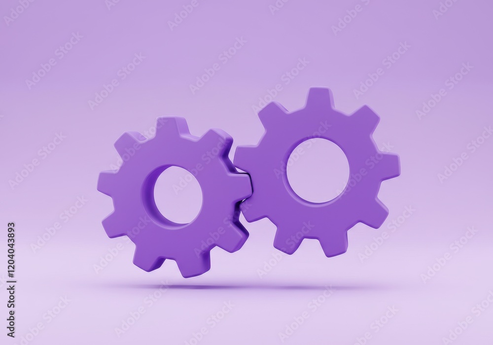 A 3D illustration of two interlocking purple gears, symbolizing settings, operations, or teamwork A 3D illustration of two interlocking purple gears, symbolizing settings, operations, or teamwork