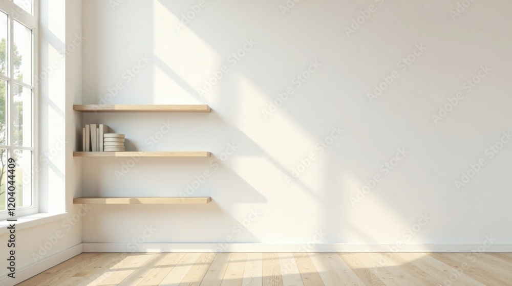 Obraz premium Sunlight Illuminates Minimalist Room with Simple Wooden Shelving and Books