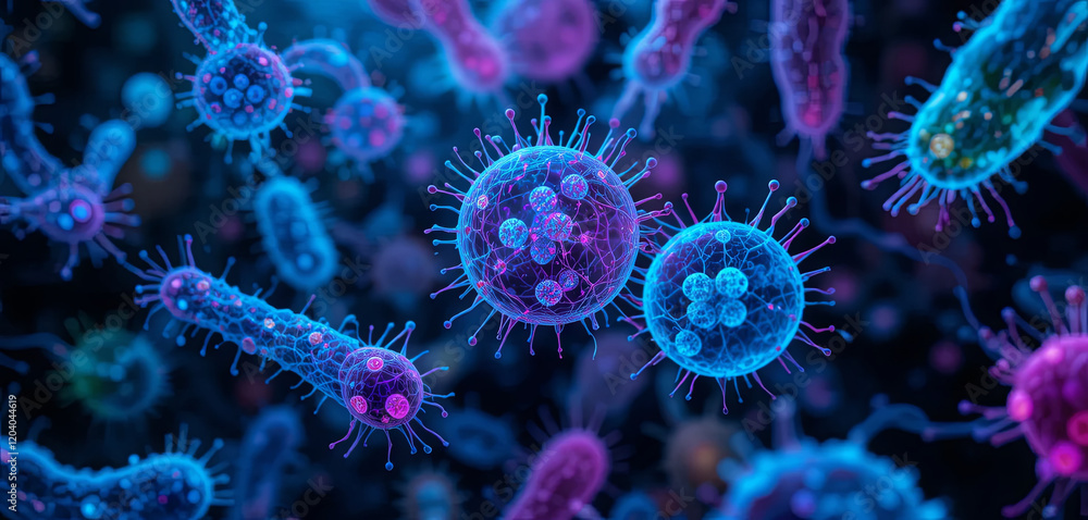 A detailed and colorful depiction of various bacteria and viruses under a microscope, showcasing their unique shapes and structures in a vibrant palette A detailed and colorful depiction of various bacteria and viruses under a microscope, showcasing their unique shapes and structures in a vibrant palette