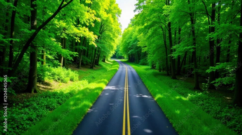 A scenic asphalt road with bright yellow lines curves gently through a lush green forest canopy under a vibrant summer sky A scenic asphalt road with bright yellow lines curves gently through a lush green forest canopy under a vibrant summer sky