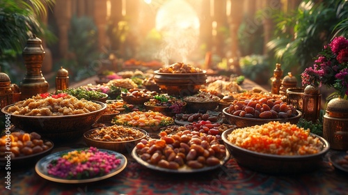 Delicious Middle Eastern food feast at sunset. photo