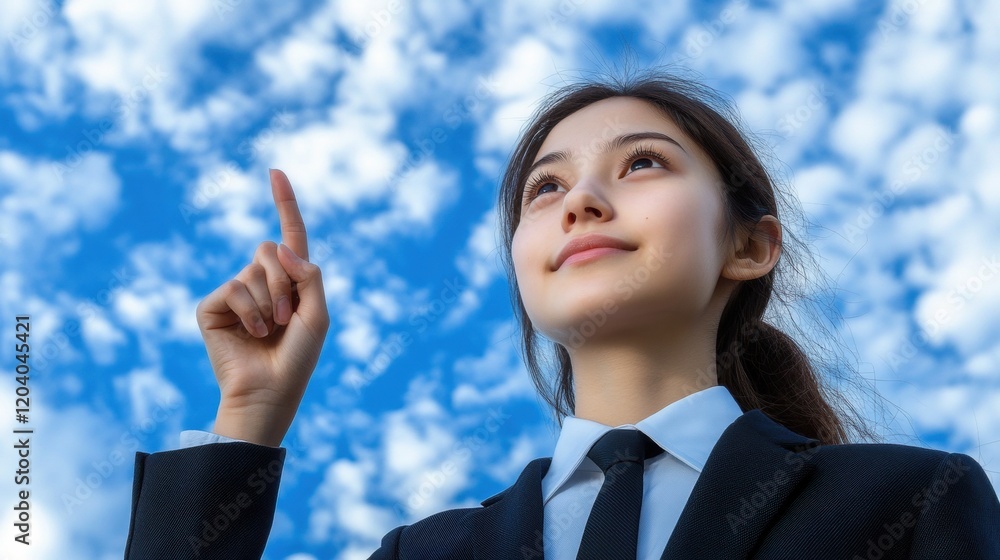 Young Businesswoman Pointing Up Against Bright Blue Sky Young Businesswoman Pointing Up Against Bright Blue Sky