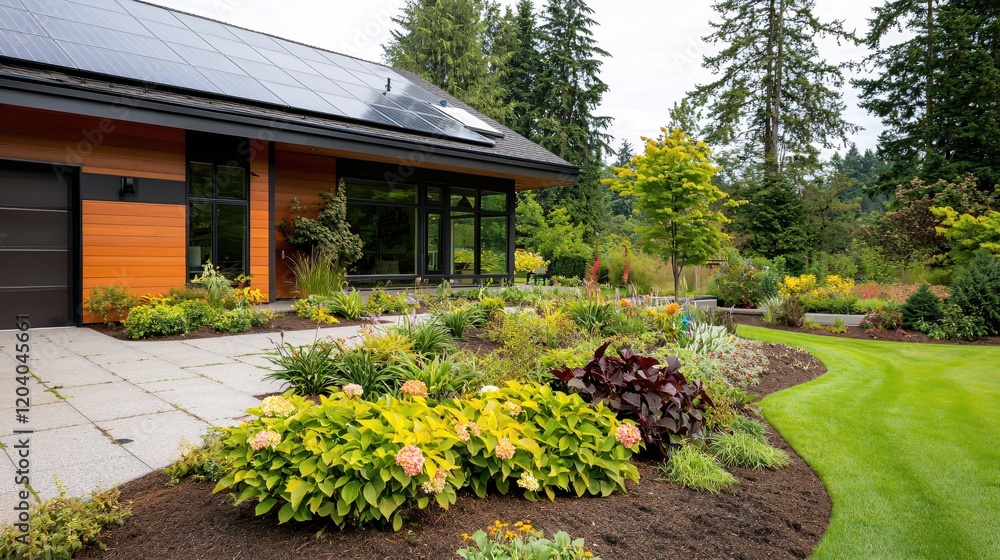 Naklejka premium Modern Eco Home Stunning Garden Design Solar Panels Green Lawn