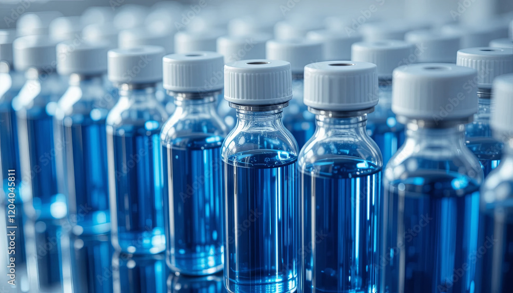 Clear glass vials containing a striking blue liquid are arranged neatly, reflecting light on a smooth surface. The scene evokes a sense of precision and careful preparation Clear glass vials containing a striking blue liquid are arranged neatly, reflecting light on a smooth surface. The scene evokes a sense of precision and careful preparation