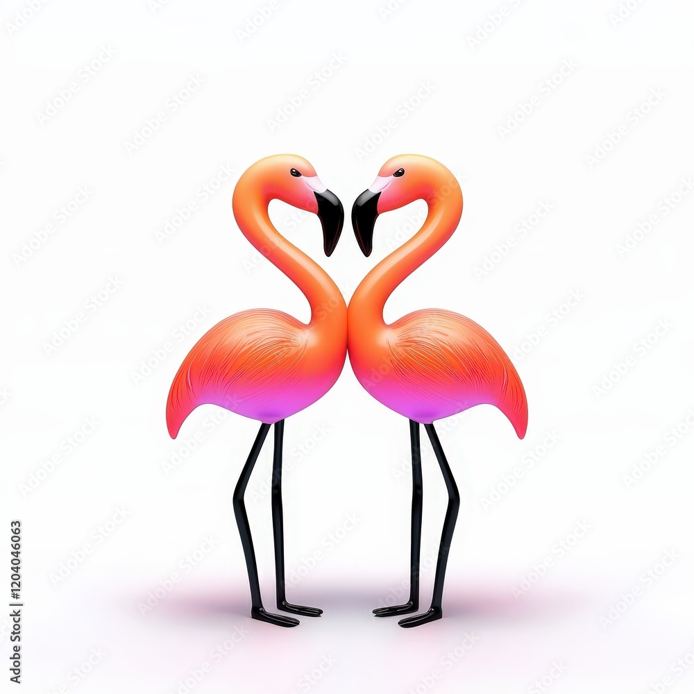 Obraz premium Two vibrant pink flamingos face each other, forming a heart shape with their necks against a white background.