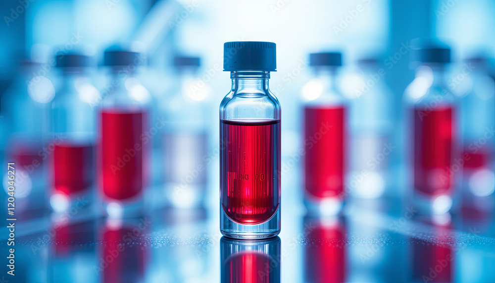 A glass vial filled with a bright red liquid stands prominently amid multiple blurred vials. The setting is a laboratory, illuminated with soft blue light, creating an intriguing atmosphere A glass vial filled with a bright red liquid stands prominently amid multiple blurred vials. The setting is a laboratory, illuminated with soft blue light, creating an intriguing atmosphere