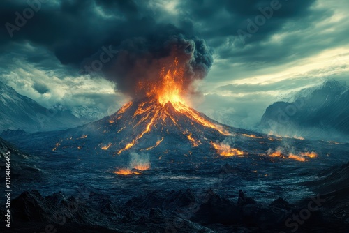 A dramatic landscape with a volcano erupting in the background.