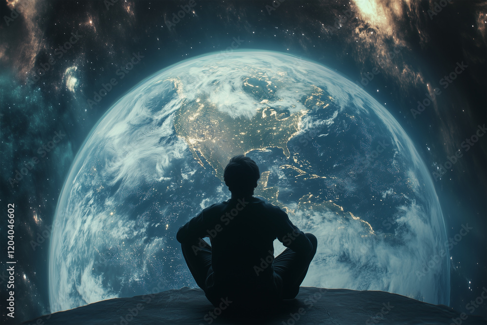 Silhouette of a Young Man Gazing at Planet Earth from Space - Concept of Exploration and Wonder Silhouette of a Young Man Gazing at Planet Earth from Space - Concept of Exploration and Wonder