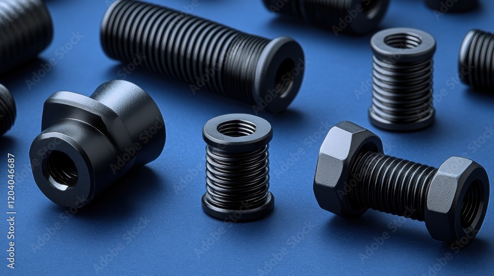 Black Metal Fasteners on Blue Background for Industrial Use Black Metal Fasteners on Blue Background for Industrial Use
