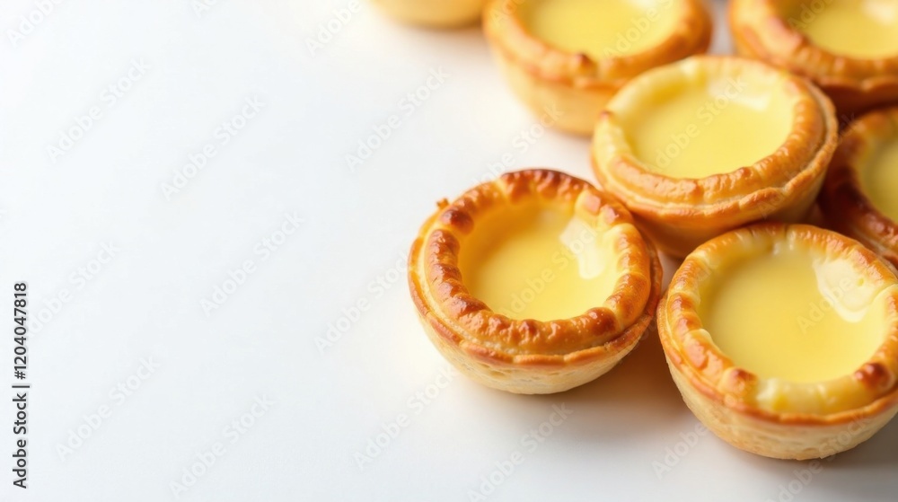 Golden Crust Pastry Tarts with Creamy Filling on White Background Golden Crust Pastry Tarts with Creamy Filling on White Background