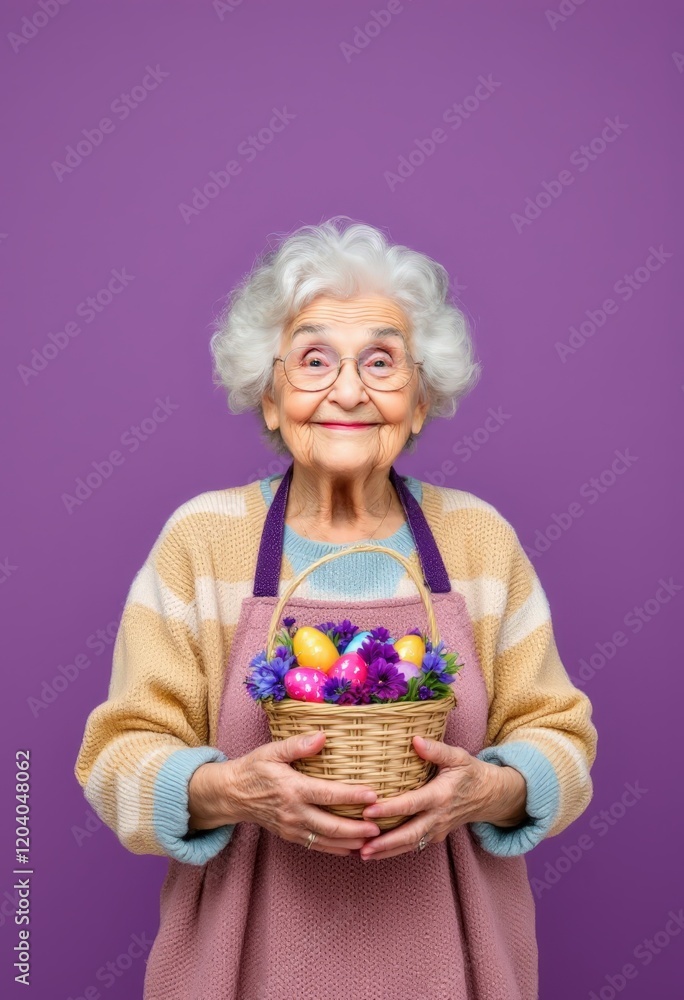 Smiling old woman holding Easter basket with colorful eggs. Festive spring concept. Easter, birthday, celebration banner, poster, card with copy space Smiling old woman holding Easter basket with colorful eggs. Festive spring concept. Easter, birthday, celebration banner, poster, card with copy space