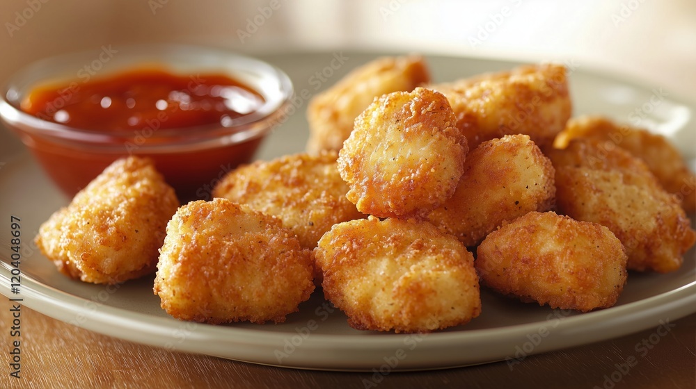 Deliciously crispy chicken nuggets served on a plate with a side of dipping sauce perfect for snacking Deliciously crispy chicken nuggets served on a plate with a side of dipping sauce perfect for snacking