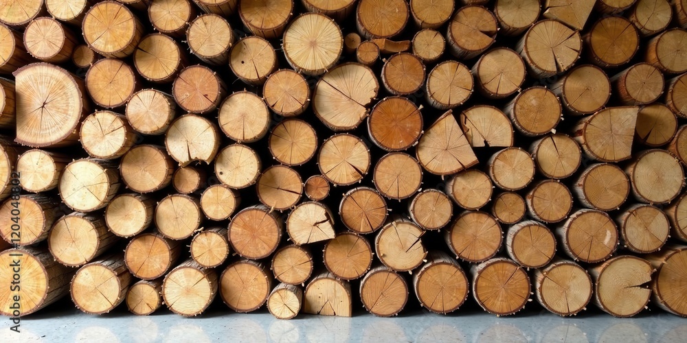 A Wall of Stacked Round Wooden Logs, Showing Natural Texture and Rings, Arranged in a Tight, Uniform Pattern, Creating a Rustic and Textural Background Image A Wall of Stacked Round Wooden Logs, Showing Natural Texture and Rings, Arranged in a Tight, Uniform Pattern, Creating a Rustic and Textural Background Image