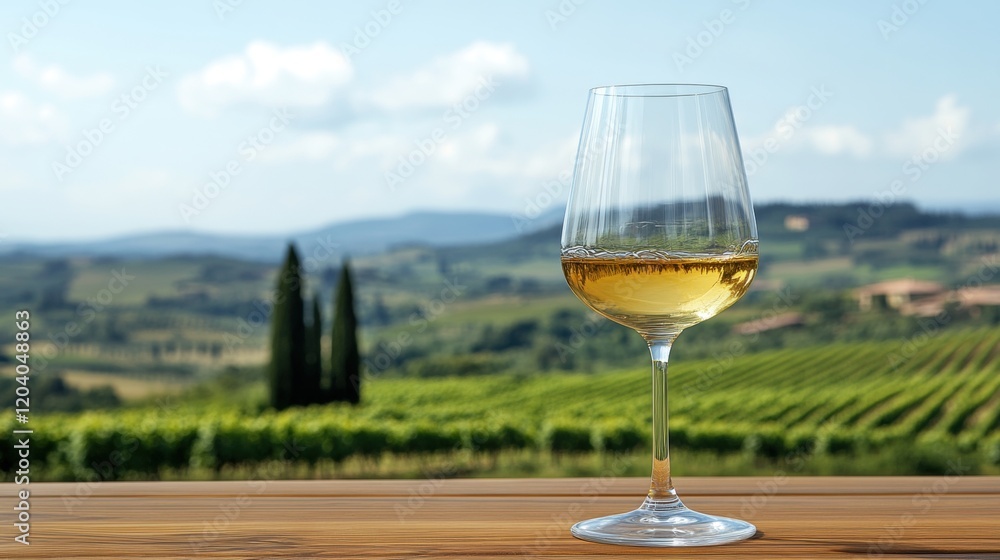 Elegant Wine Glass in Scenic Vineyard Landscape Under Blue Sky Elegant Wine Glass in Scenic Vineyard Landscape Under Blue Sky