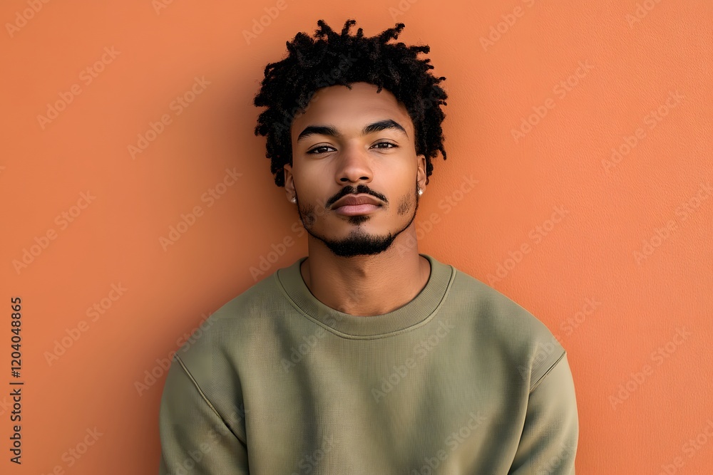 handsome man with a stylish look, short afro hairstyle, and green sweater posing against a minimalist background handsome man with a stylish look, short afro hairstyle, and green sweater posing against a minimalist background